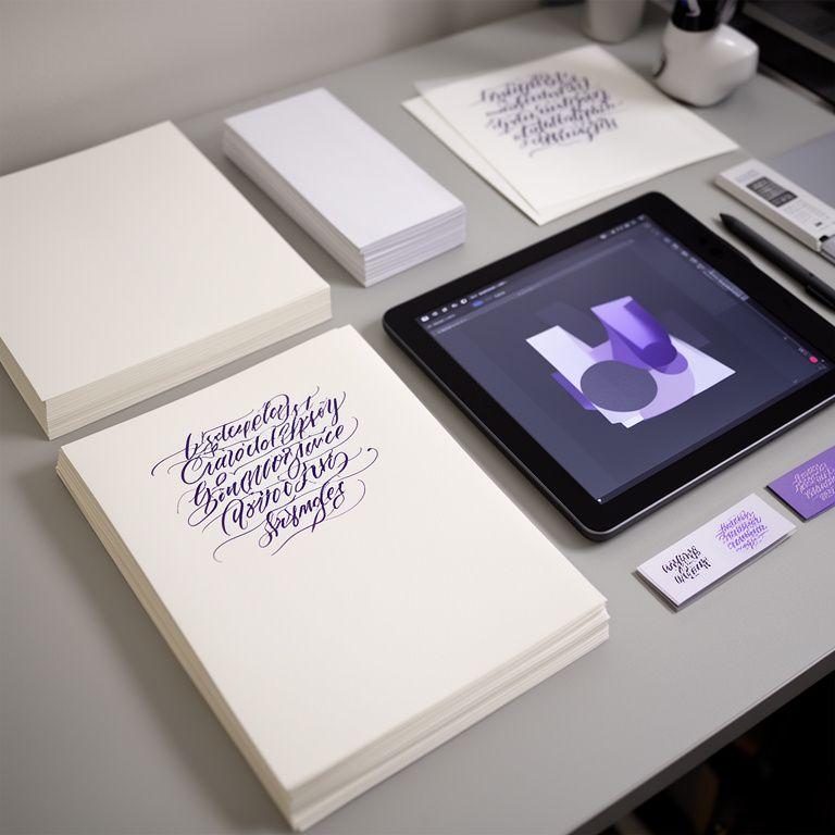 Digital calligraphy sample sheets displayed beside a stylus tablet in a quiet studio workspace